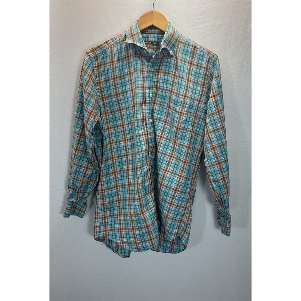 Peter Millar Mens Button Up Shirt Plaid Long Sleeves Pocket Cotton L Preppy